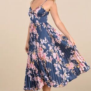 Lulu's Navy Blue Floral Pleated Midi Dress
